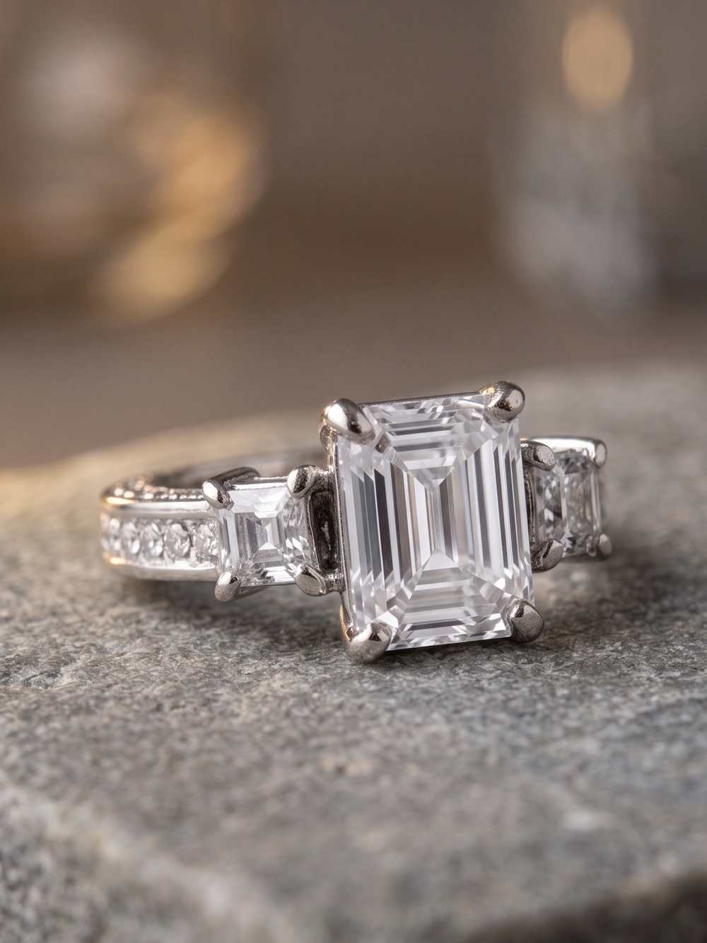CZ Three-Stone Round Cut Engagement Ring 2-1|2 Carat Main Stone Size 8-1/2